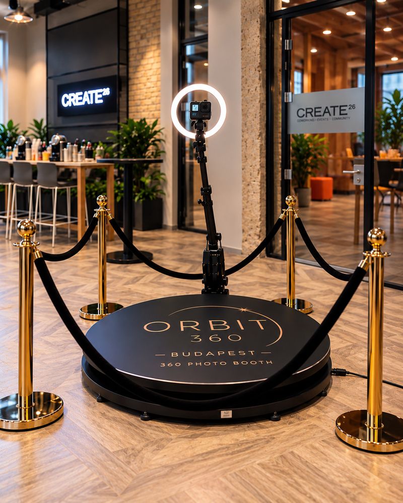 Orbit360 Budapest booth with the full platform, camera arm and GoPro inside a ring light