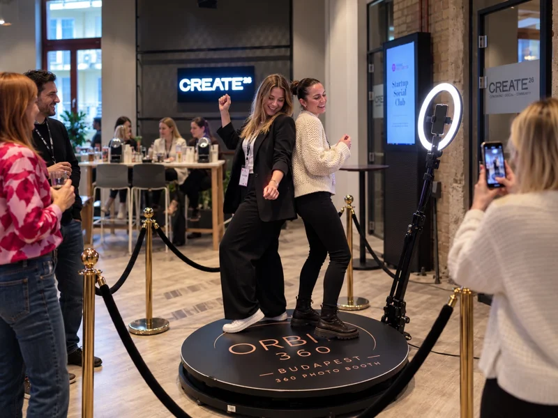 Guests enjoying the Orbit360 Budapest 360 photo booth at an event